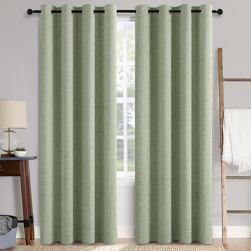 Linen Texture Curtains for Bedroom Solid 100% Blackout Thermal Insulated Sage Green Curtains Grommet Room Darkening Curtains/Draperies for Living Room Nursery 52x84 Inch (2 Panels)