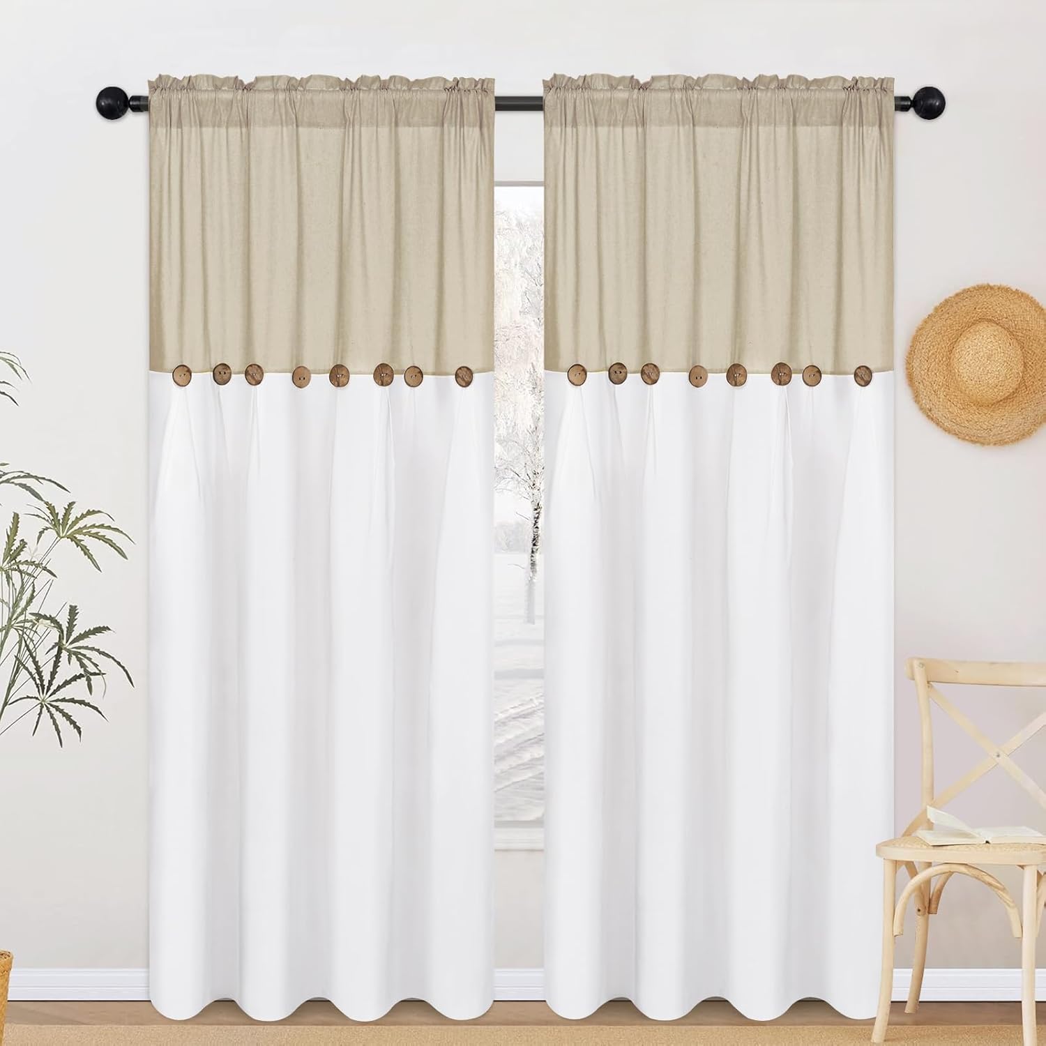 Farmhouse Cotton Linen Curtains for Living Room, Boho Button Curtains 84 Inch Length 2 Panels, Rustic Country Linen Window Curtain for Bedroom Rod Pocket Drapes, 52 x 84 Inch, Linen and White - Image 2