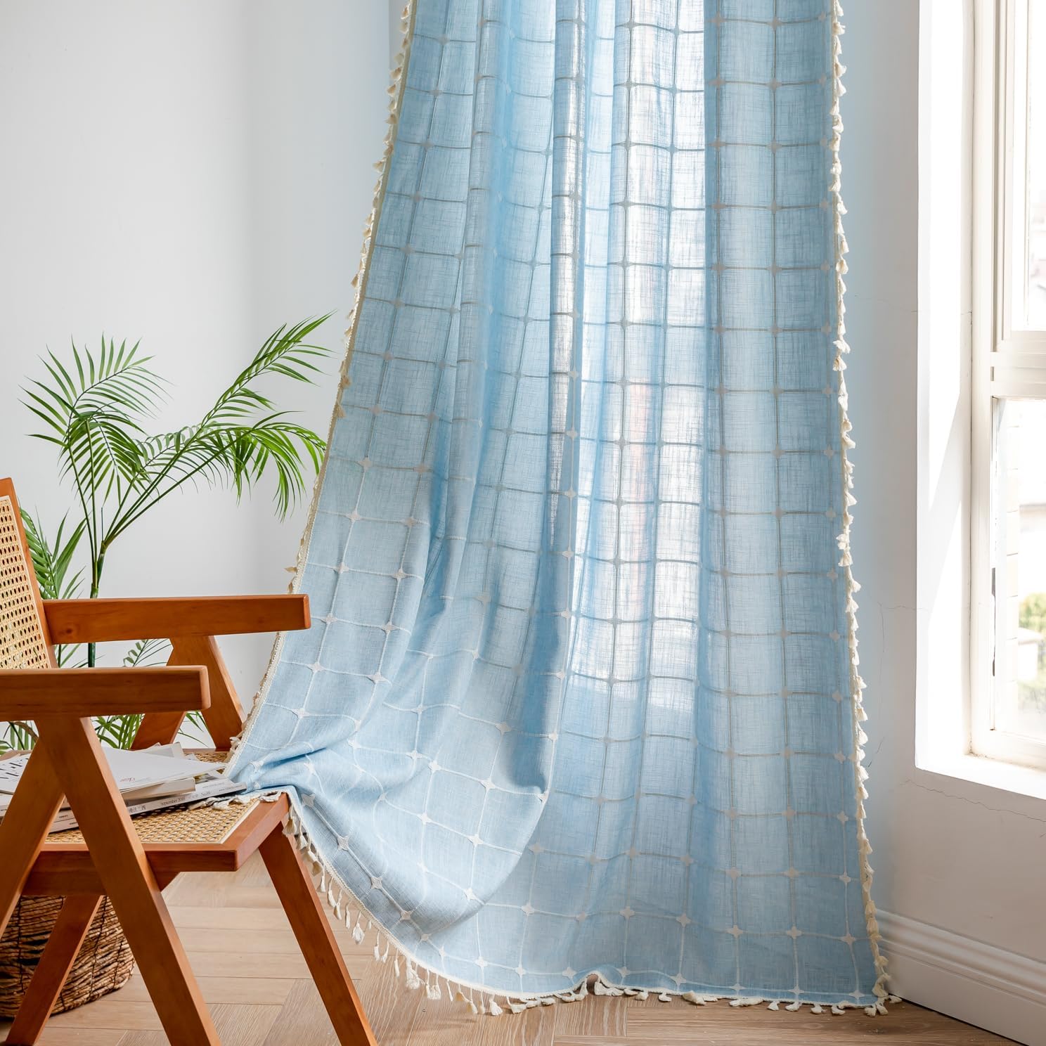 Blue Boho Curtain 84 Inches Long for Kid Boy's Bedroom Nursery Room, Cotton Linen Lattice Plaids Embroidery Semi Blackout Bohemian Window Treatment Grids Drape Tassels, 1 Panel W52 x L84 - Image 2