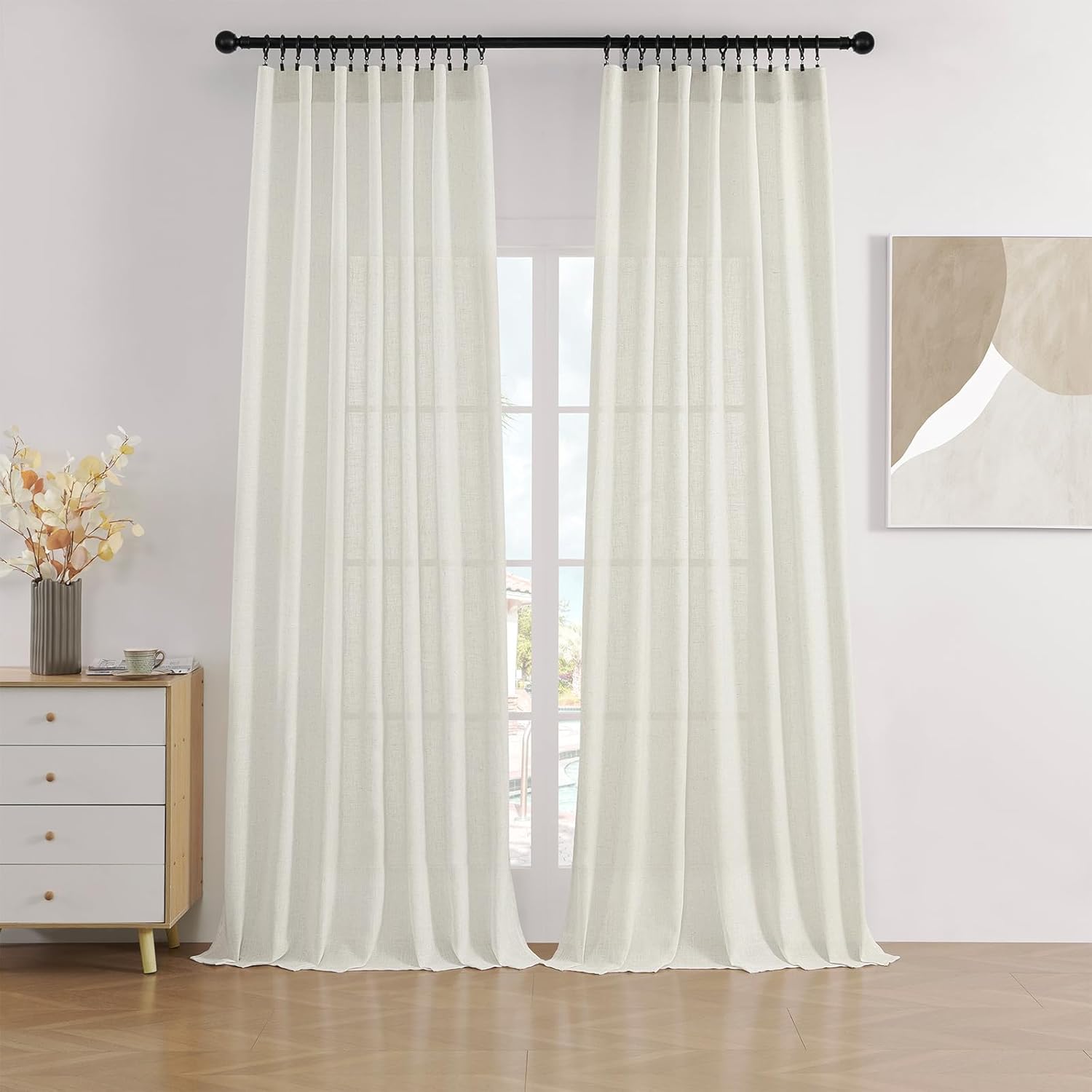 Linen Curtains 96 inch Length 2 Panel Set,Light Filtering Curtain for Living Room Bedroom Curtains 52 inch Wide Drapes with Rod Pocket Back Tab Farmhouse Curtain (96" Lx52 W, Ivory on Linen) - Image 2