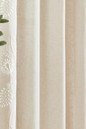 Linen Floral Curtains 90 Inch Long for Bedroom Living Room, Embroidered French Country Farmhouse Drapes Back Tab, Light Filtering  Boho Window Curtains, Ivory on Taupe, 2 Panels