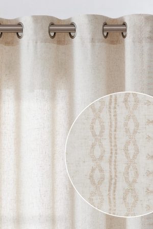 Boho Curtains Ivory Linen Blend Embroidered Bordered Curtains for Bedroom Living Room Drapes 63 Inch Length Light Filtering Grommet Window Treatment 2 Panels Ivory on Beige