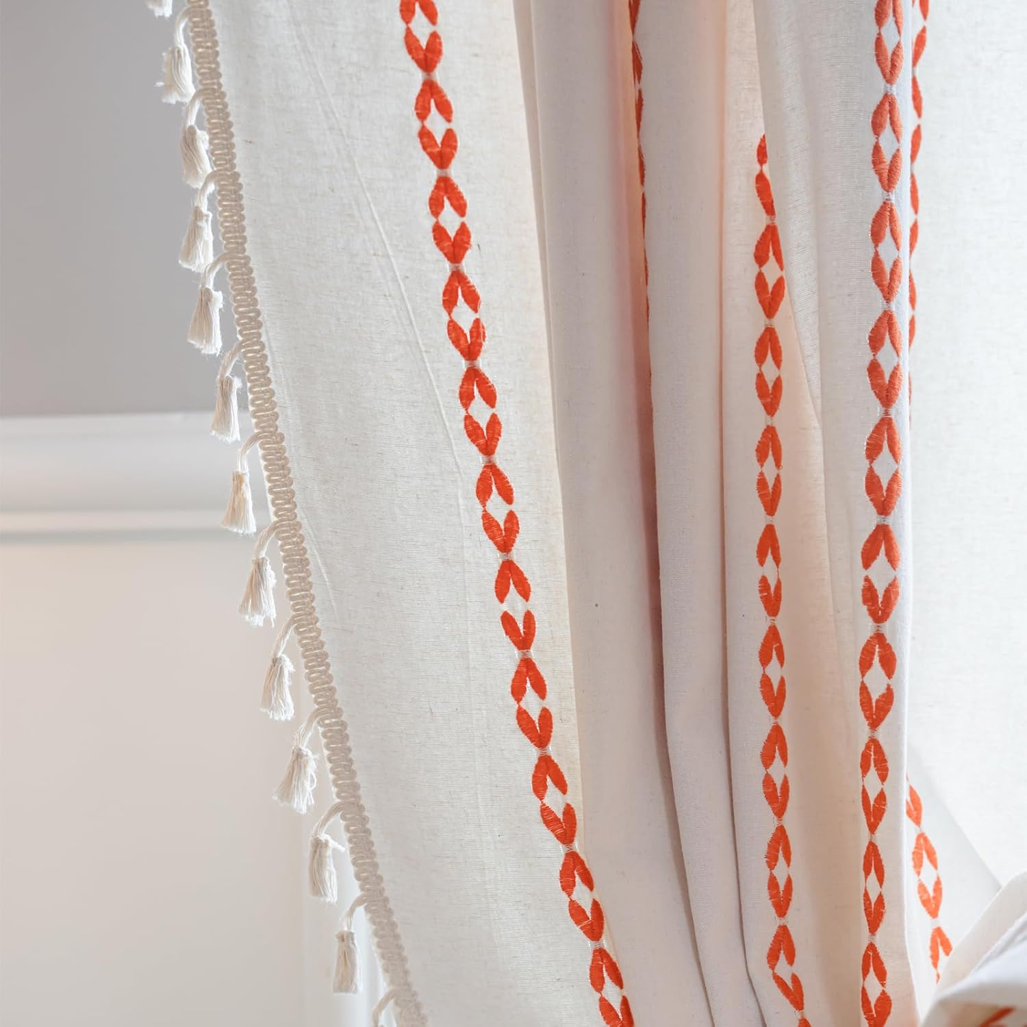Rust Orange Boho Curtains 84 inches Length for Living Room Bedroom Nursery, Burnt Bohemian Embroidery Farmhouse Tassel Privacy Window Treatments for Halloween Decor W52 x L84, 1 Panel - Image 2