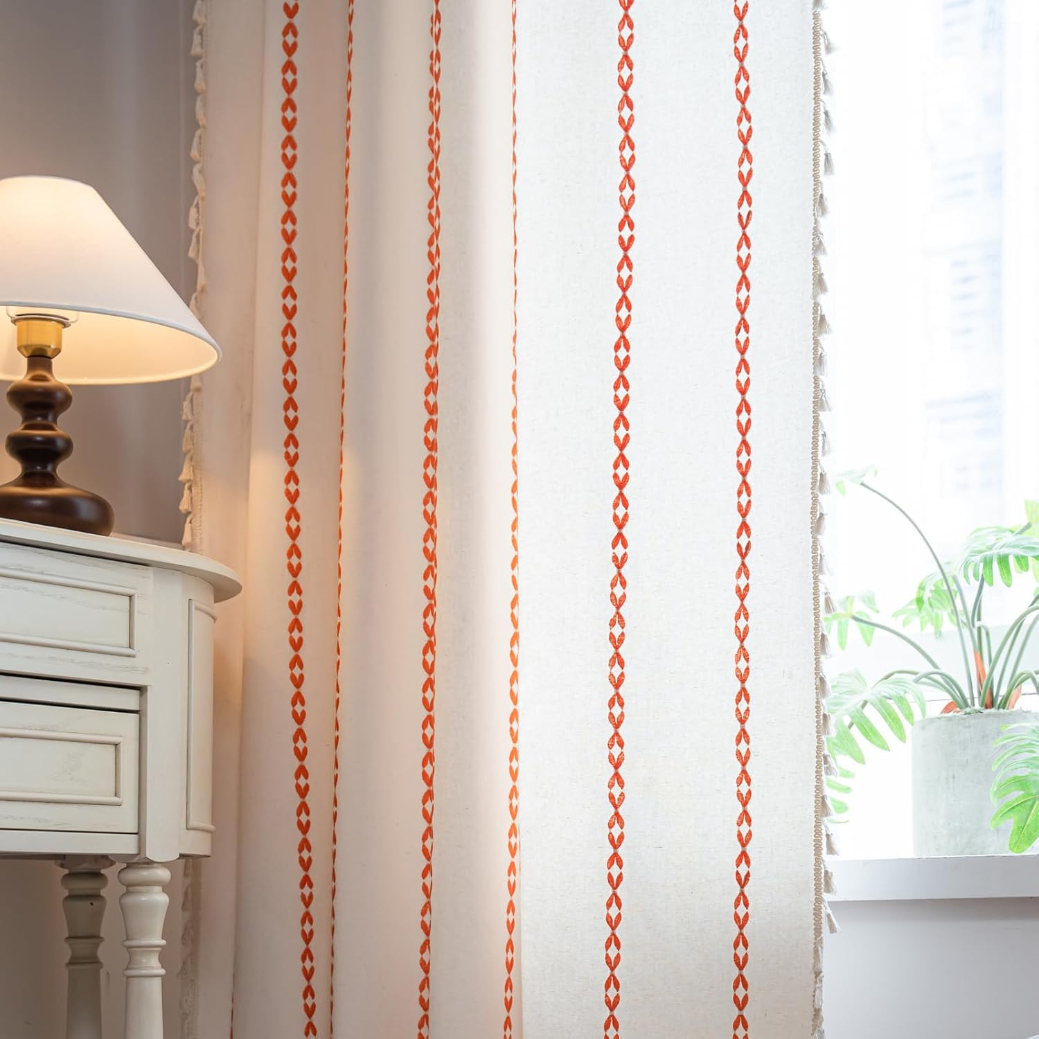 Rust Orange Boho Curtains 84 inches Length for Living Room Bedroom Nursery, Burnt Bohemian Embroidery Farmhouse Tassel Privacy Window Treatments for Halloween Decor W52 x L84, 1 Panel