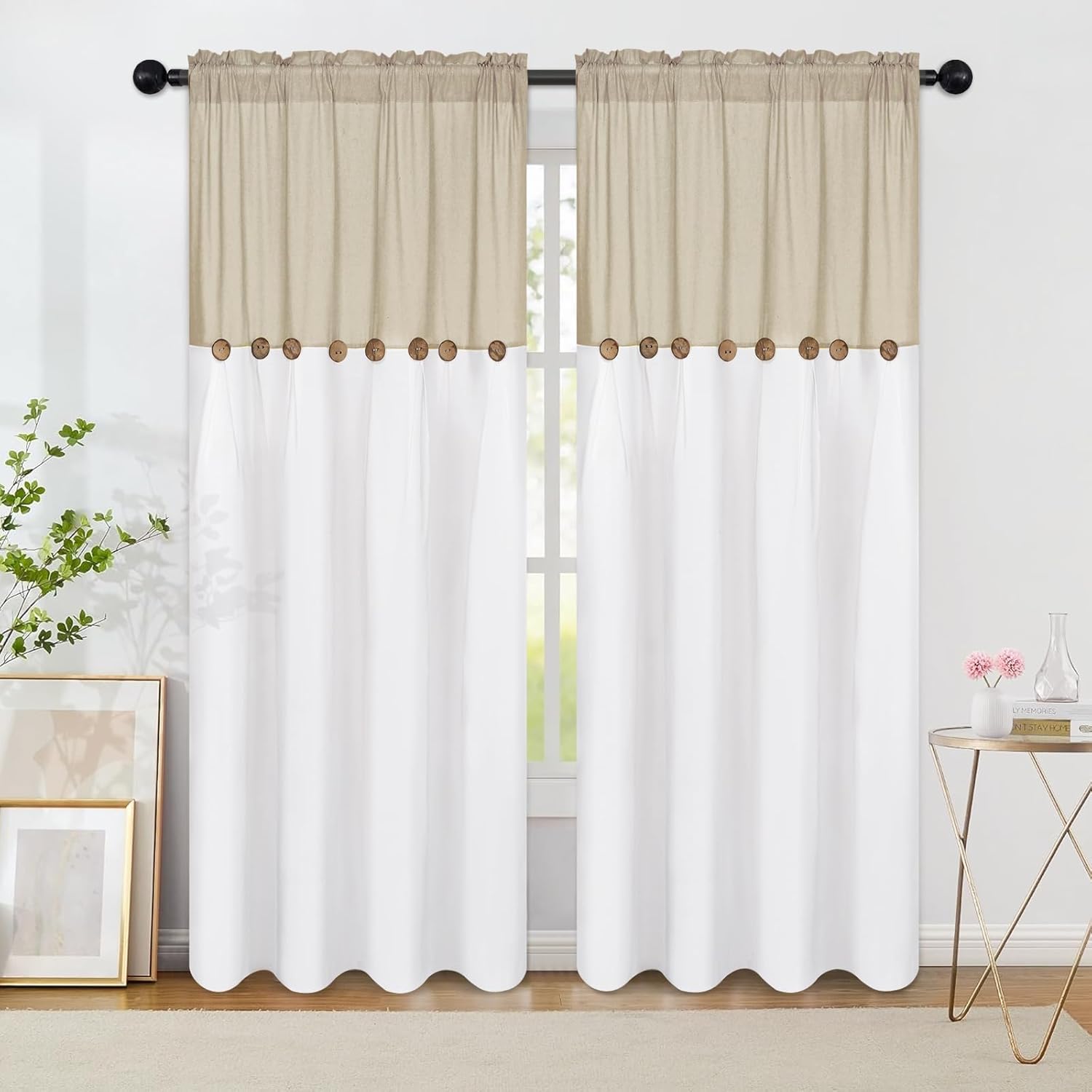 Farmhouse Cotton Linen Curtains for Living Room, Boho Button Curtains 84 Inch Length 2 Panels, Rustic Country Linen Window Curtain for Bedroom Rod Pocket Drapes, 52 x 84 Inch, Linen and White