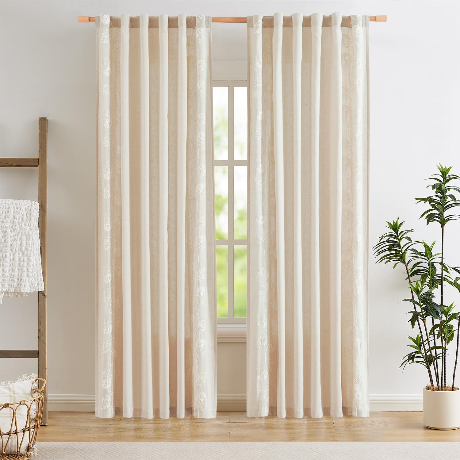 Linen Floral Curtains 90 Inch Long for Bedroom Living Room, Embroidered French Country Farmhouse Drapes Back Tab, Light Filtering Boho Window Curtains, Ivory on Taupe, 2 Panels - Image 2