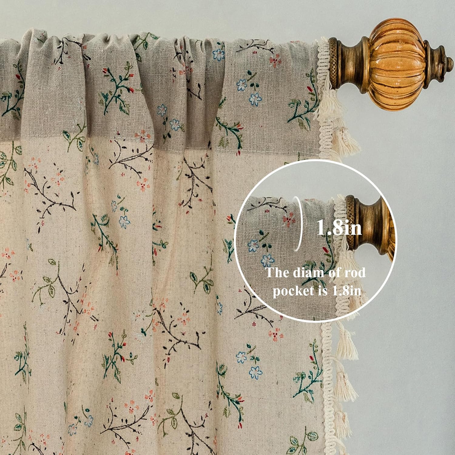 Floral Bedroom Curtains 84 Inch Length 2 Panels Set Farmhouse Semi Sheer Living Room Drapes Cotton Linen Blend Bohemian Window Curtain Panels with Tassel Beige Rod Pocket Drapes - Image 2