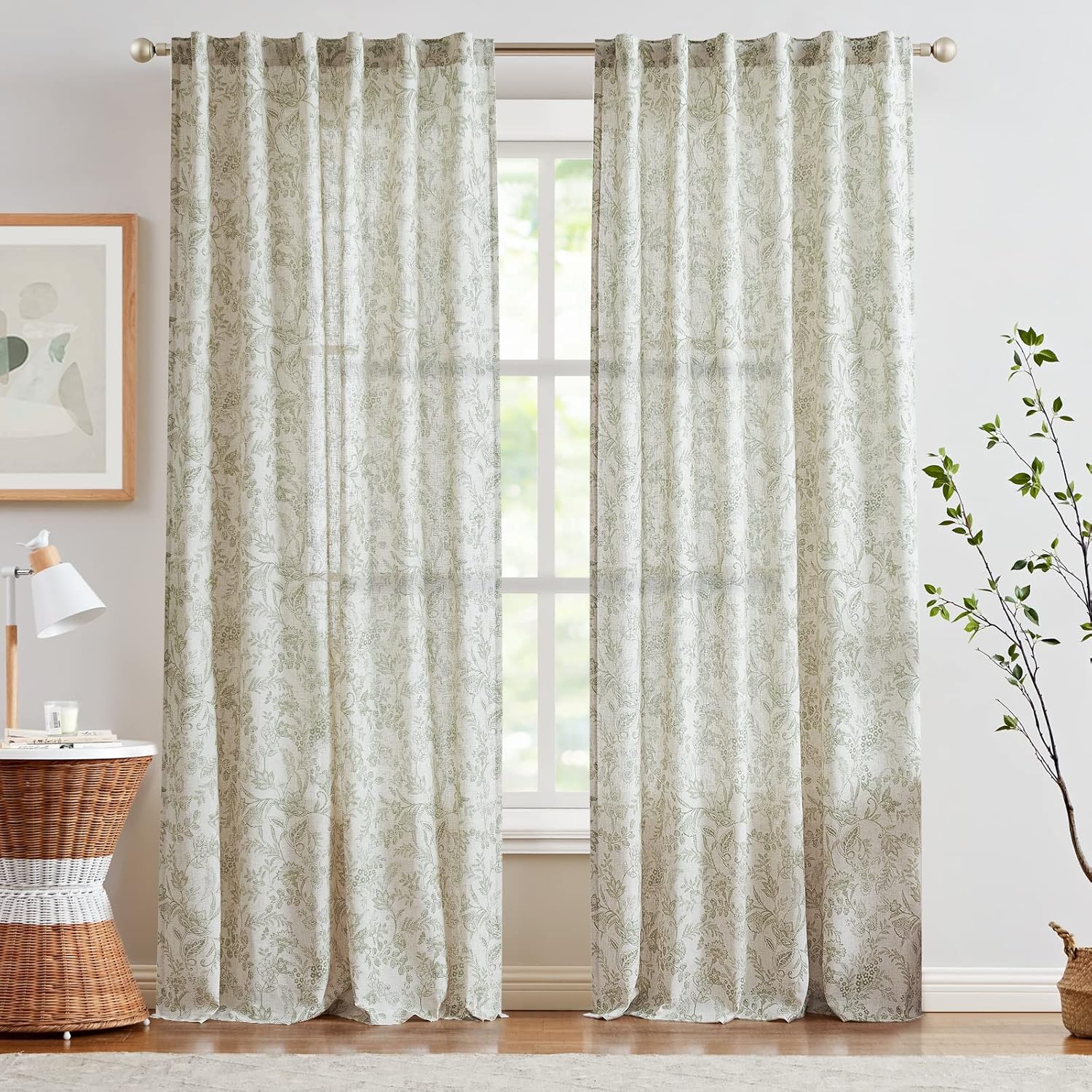 Linen Curtains Farmhouse Green Floral Print Curtains 84 Inches Long Back Tab Drapes for Living Room Bedroom Semi Sheer Patterned Country Vintage Curtains 2 Panels Set Rod Pocket Green on Beige - Image 2
