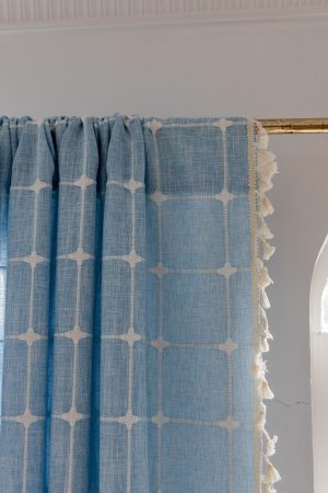 Blue Boho Curtain 84 Inches Long for Kid Boy's Bedroom Nursery Room, Cotton Linen Lattice Plaids Embroidery Semi Blackout Bohemian Window Treatment Grids Drape Tassels, 1 Panel W52 x L84