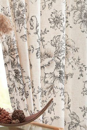 Linen Blend Curtain Floral Curtains for Living Room 84 Inch Length Black Printed Curtains Rod Pocket Back Tab Farmhouse Peony Flower Patterned Drapes Bedroom Window Curtain Set 2 Panels
