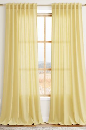 Yellow Boho Curtains for Bedroom Back Tab Rod Pocket Semi Sheer Linen Curtains 90 Inches Long 2 Panel Set Light Filtering Neutral Farmhouse Lightweight Drapes for Living Room 52x90