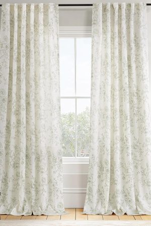 Green Floral Curtains 84 inch Length Back Tab Farmhouser Living Room Light Filtering Curtains Green Pattern Print on Cream White Linen Curtain Minimalist Aesthetic Sketch Style Vintage Room Decor