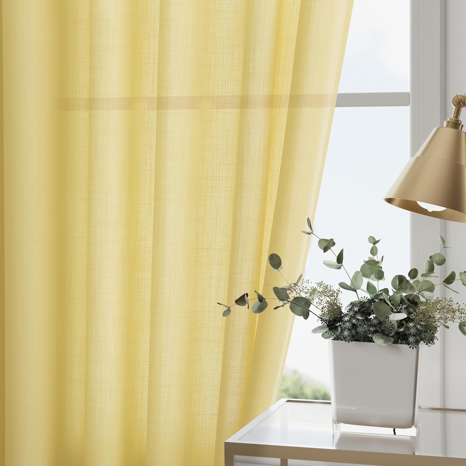 Yellow Boho Curtains for Bedroom Back Tab Rod Pocket Semi Sheer Linen Curtains 90 Inches Long 2 Panel Set Light Filtering Neutral Farmhouse Lightweight Drapes for Living Room 52x90 - Image 2