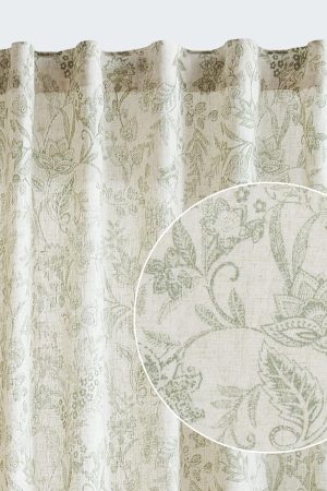 Linen Curtains Farmhouse Green Floral Print Curtains 84 Inches Long Back Tab Drapes for Living Room Bedroom Semi Sheer Patterned Country Vintage Curtains 2 Panels Set Rod Pocket Green on Beige