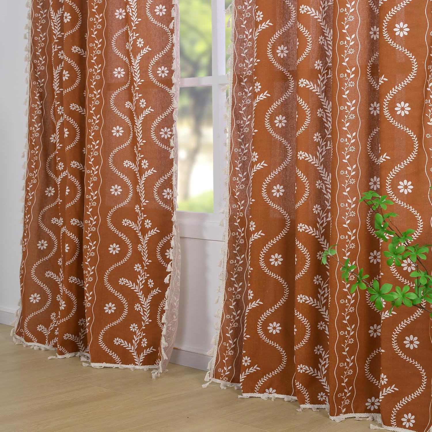 Terracotta Curtains 84 Inch Length Boho Farmhouse Curtains for Living Room 2 Panels, Linen Semi Sheer Vintage Farmhouse Printed Floral Burnt Orange Rustic Curtain Drapes - Image 2
