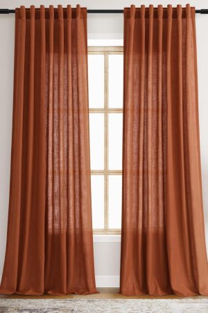 Rust Linen Curtains 90 inches Long 2 Panel Back Tab Rod Pocket Rustic Farmhouse Boho Linen Curtain for Dining Room Brick Burnt Bohemian Fall Decor Terracotta Colored Semi Sheer Curtains 90 inch Length