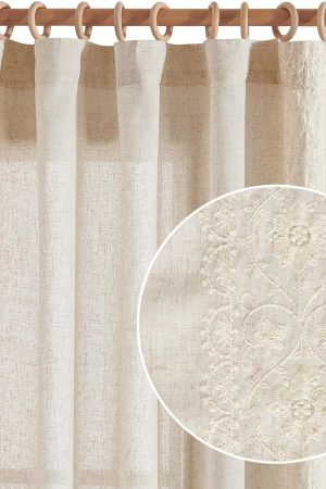 Boho Curtains for Bedroom Ivory Vintage Floral Farmhouse Curtains 84 Inches Long Linen Blend Drapes for Living Room Embroidered Light Filtering Drapes Rod Pocket Ivory on Beige 2 Panels