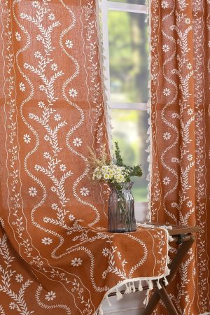 Terracotta Curtains 84 Inch Length Boho Farmhouse Curtains for Living Room 2 Panels, Linen Semi Sheer Vintage Farmhouse Printed Floral Burnt Orange Rustic Curtain Drapes