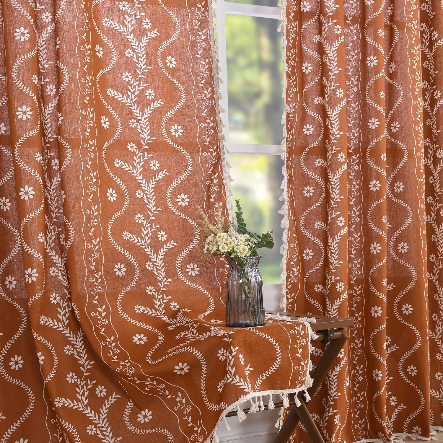 Terracotta Curtains 84 Inch Length Boho Farmhouse Curtains for Living Room 2 Panels, Linen Semi Sheer Vintage Farmhouse Printed Floral Burnt Orange Rustic Curtain Drapes